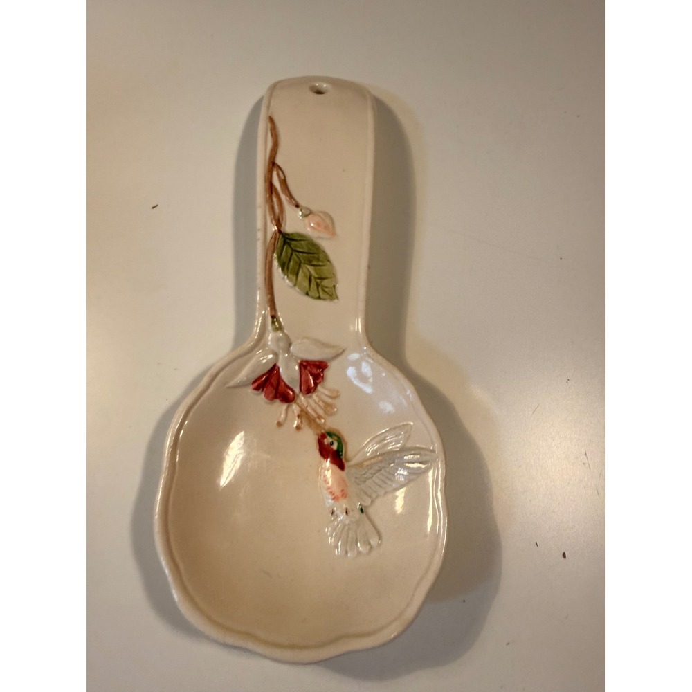Vintage Otagiri Ceramic Spoon Rest Hummingbird Floral Embossed Cream 8.25 Inch